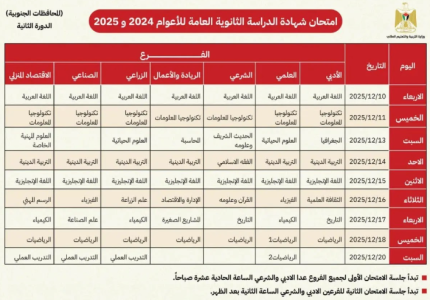 جدول اختبارات الثانوية العامة توجيهي الدورة الثانية لطلبة غزة