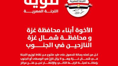 اللجنة المصرية تفتح باب تسجيل النازحين من شمال غزة المتواجدين في الوسط والجنوب للاستفادة من المساعدات