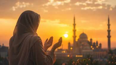 امرأة ترفع يديها بالدعاء وقت غروب الشمس أمام مسجد في أجواء روحانية هادئة يوم الجمعة.