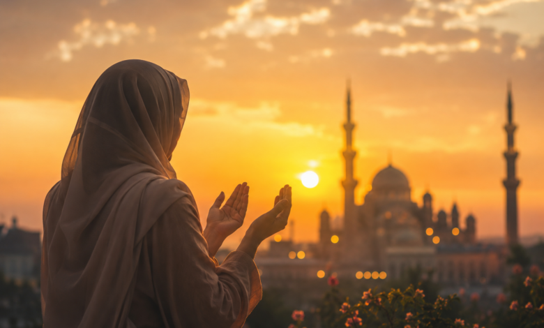 امرأة ترفع يديها بالدعاء وقت غروب الشمس أمام مسجد في أجواء روحانية هادئة يوم الجمعة.
