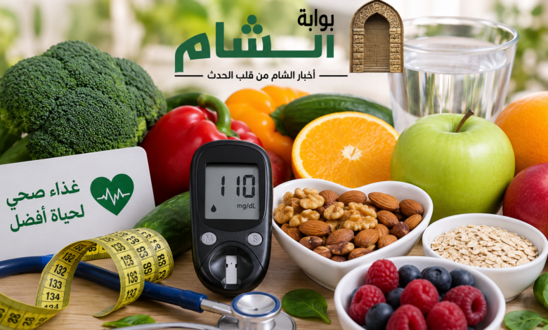 أطعمة صحية تساعد على تنظيم وخفض مستوى السكر في الدم مثل الشوفان والمكسرات والفواكه والخضروات مع جهاز قياس السكر